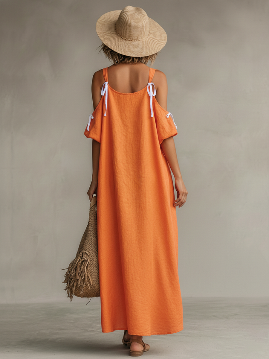 Marabella | Women’s Linen High-Low Cold Shoulder Maxi Dress