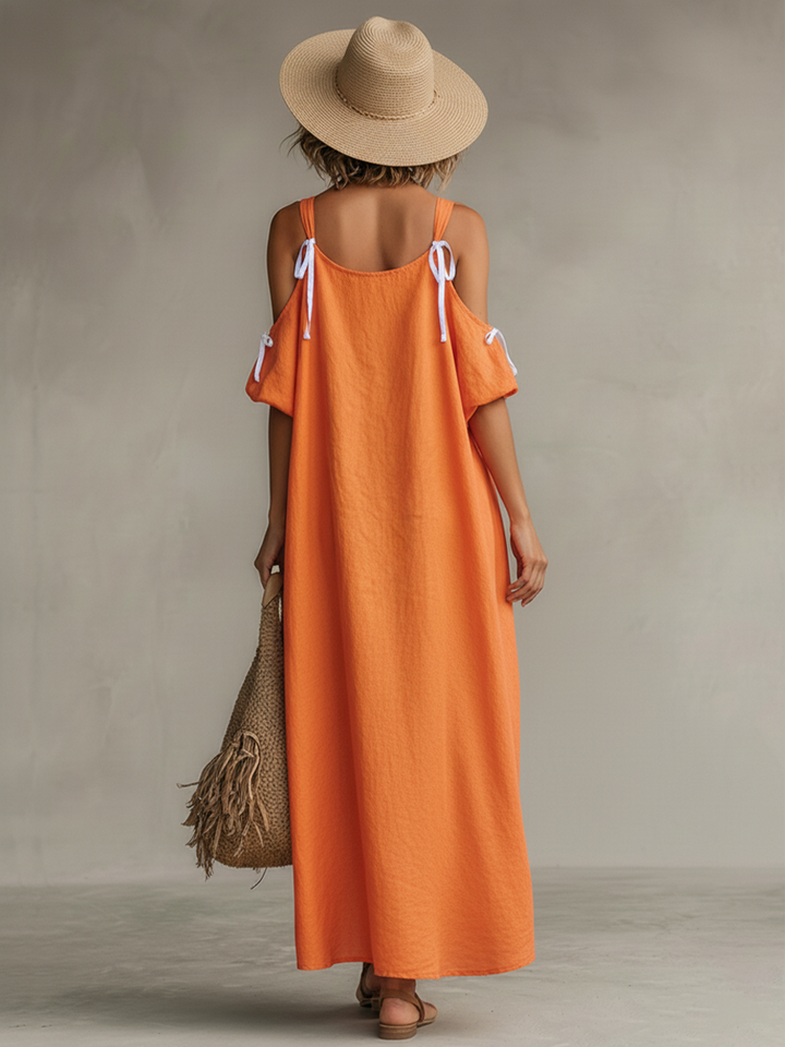 Marabella | Women’s Linen High-Low Cold Shoulder Maxi Dress