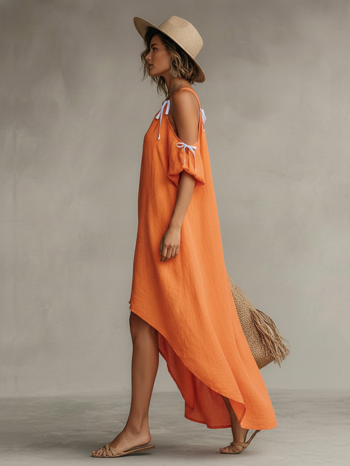 Marabella | Women’s Linen High-Low Cold Shoulder Maxi Dress