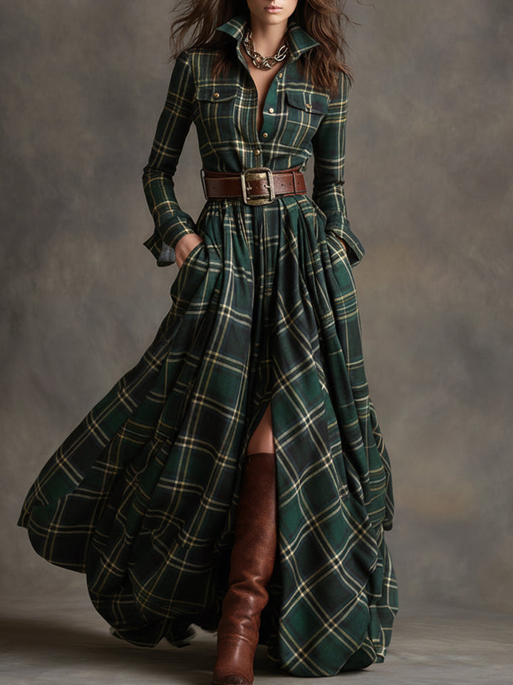 Marianne | Women’s Belted Plaid Shirt Maxi Dress