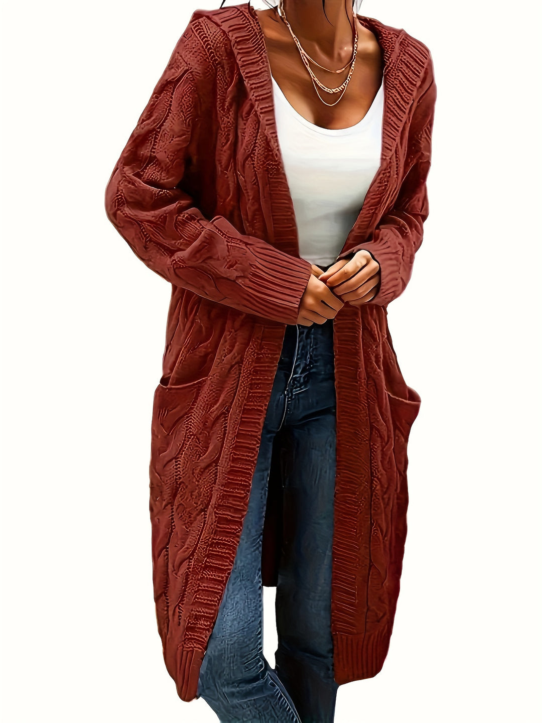 Elowen | Women’s Longline Hooded Cable-Knit Cardigan