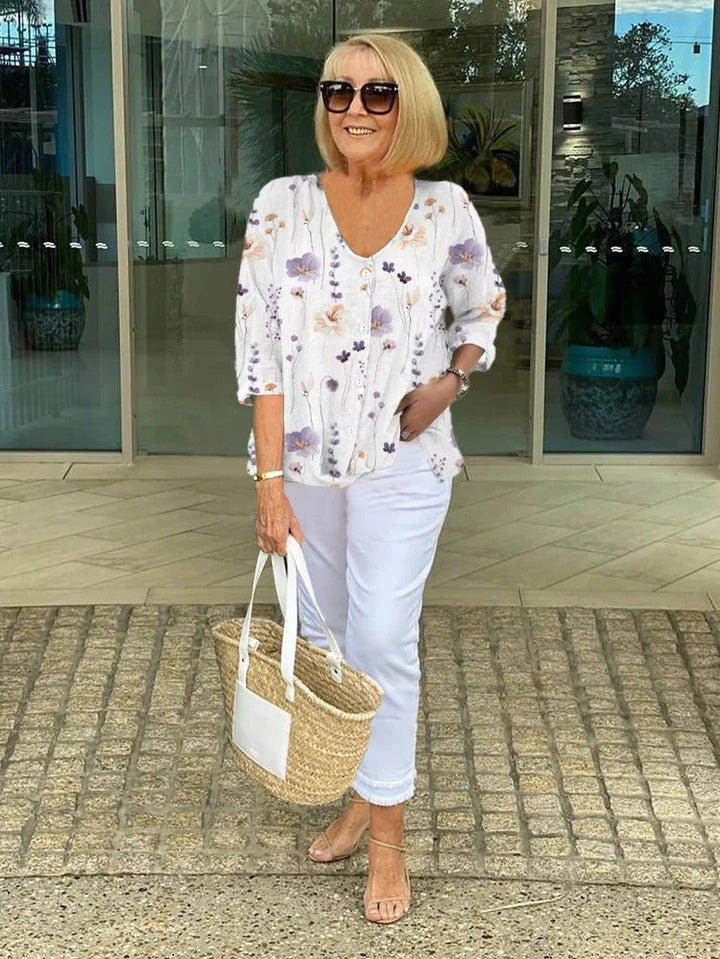 Lucinda | Women’s Floral Button-Up Drape Blouse