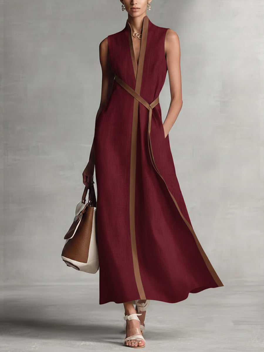 Georgina | Women’s Sleeveless Contrast-Trim Belted Maxi Dress