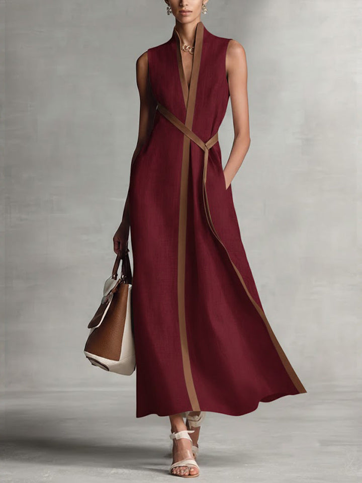 Georgina | Women’s Sleeveless Contrast-Trim Belted Maxi Dress