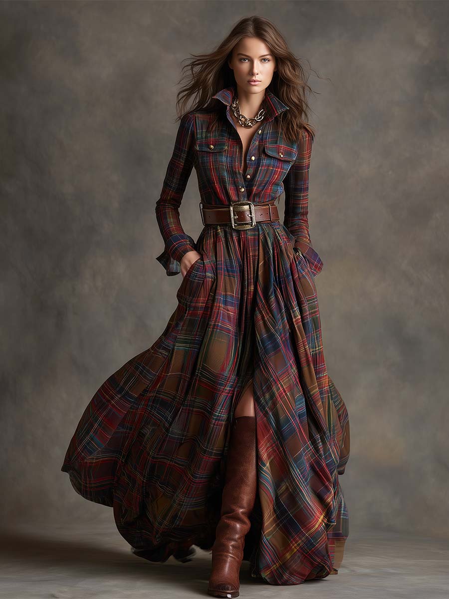 Marianne | Women’s Belted Plaid Shirt Maxi Dress