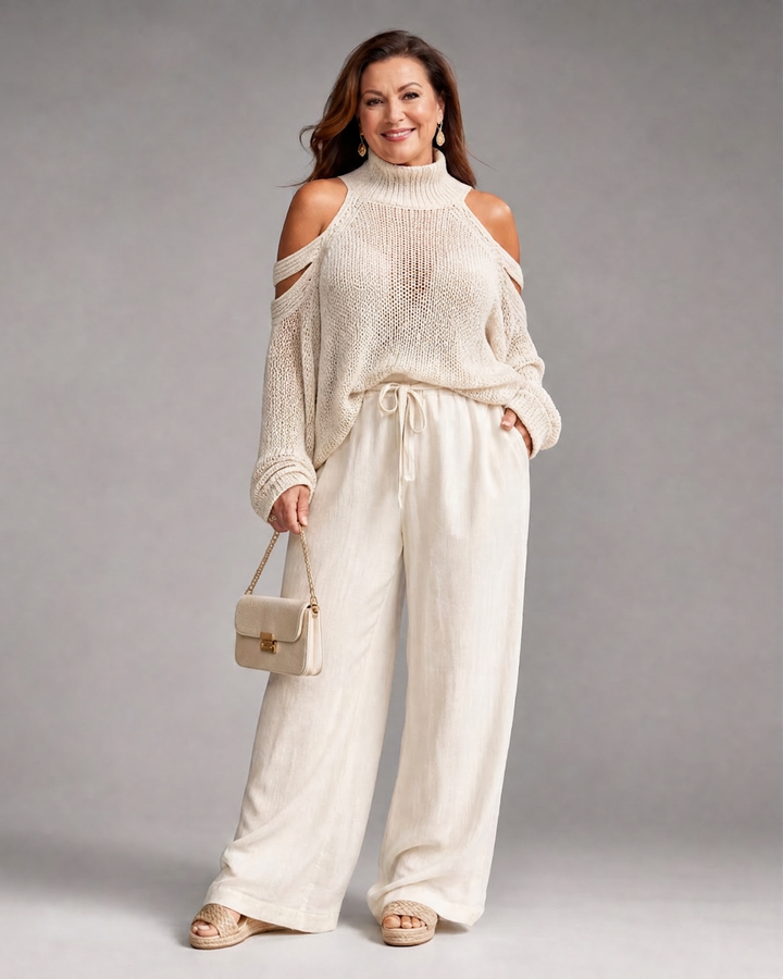 Verity | Women's Cold-Shoulder Knit Sweater and Wide-Leg Trouser Set
