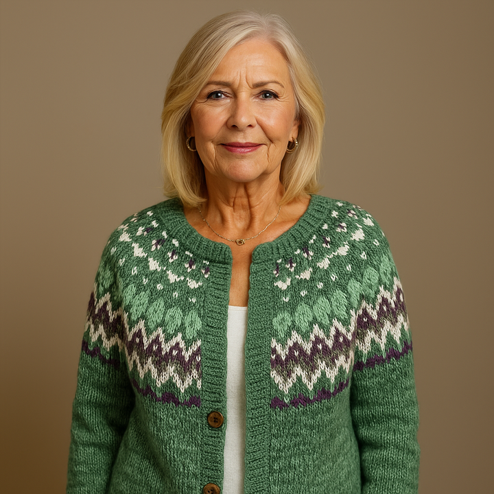 Tamsin | Women's Sage Green Retro Nordic-Pattern Cardigan