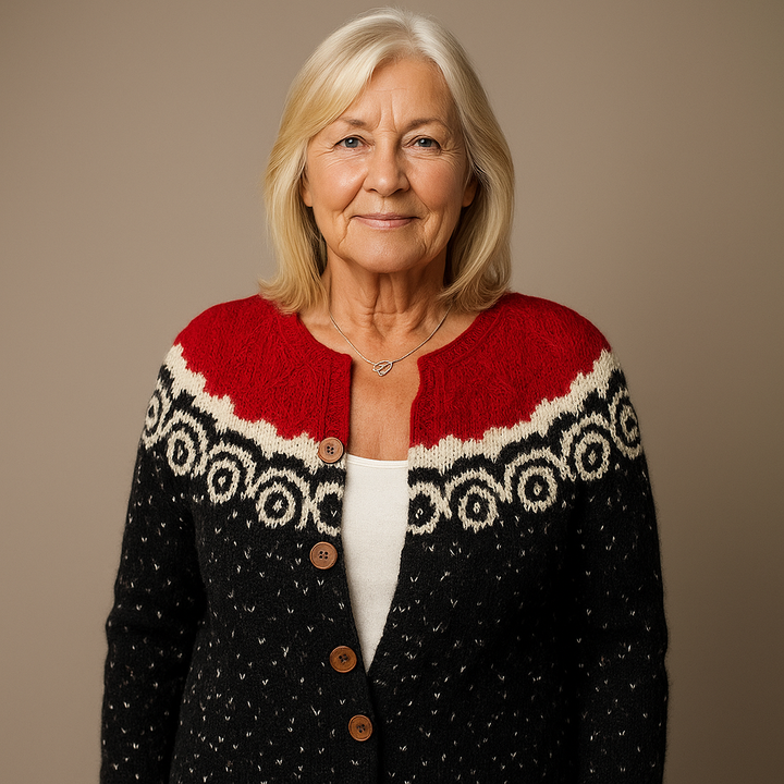 Fenella | Women's Black and Red Nordic-Pattern Cardigan
