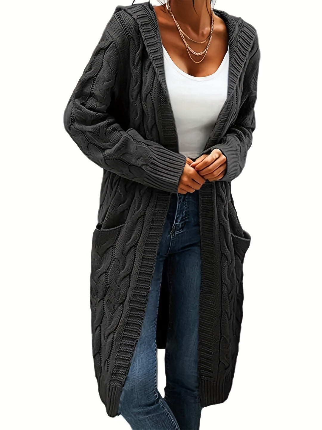 Elowen | Women’s Longline Hooded Cable-Knit Cardigan
