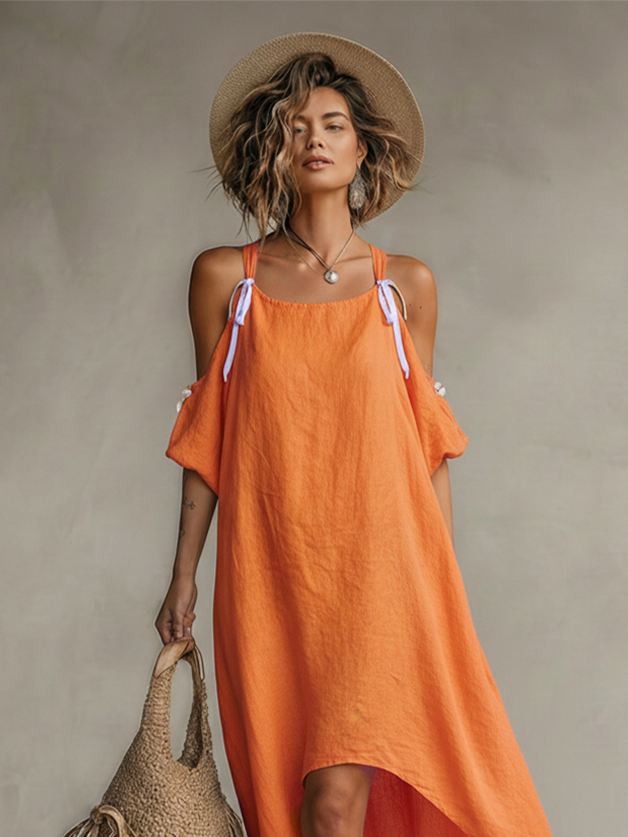 Marabella | Women’s Linen High-Low Cold Shoulder Maxi Dress