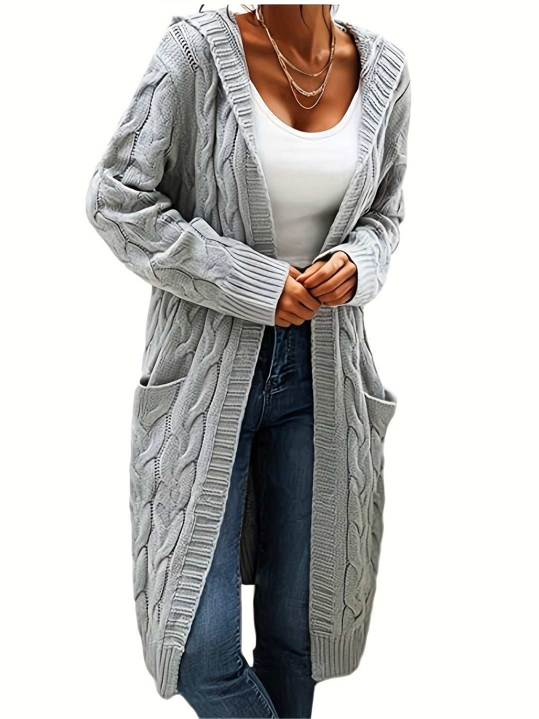 Elowen | Women’s Longline Hooded Cable-Knit Cardigan