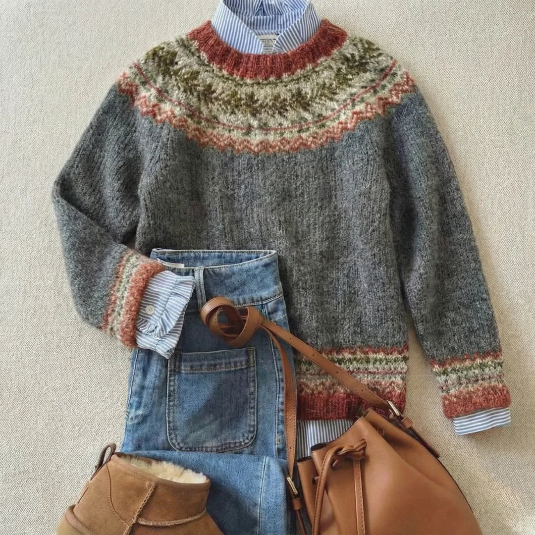 Ottilie | Women's Stone Grey Fair Isle Knit Jumper