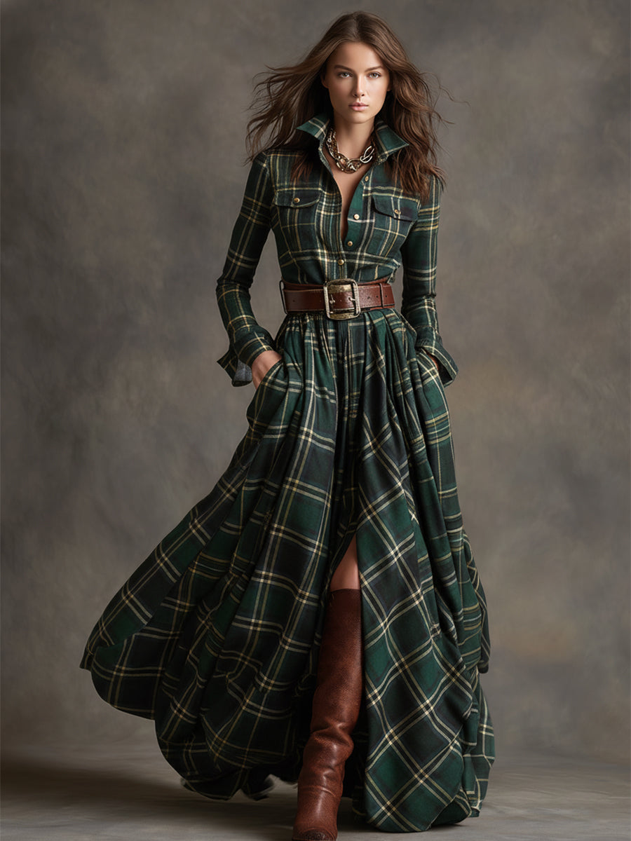 Marianne | Women’s Belted Plaid Shirt Maxi Dress
