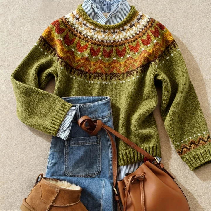 Cordelia | Women's Green Fair Isle Knit Jumper