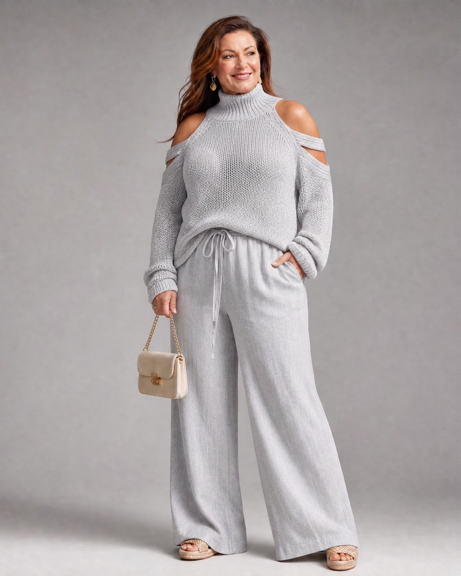 Verity | Women's Cold-Shoulder Knit Sweater and Wide-Leg Trouser Set