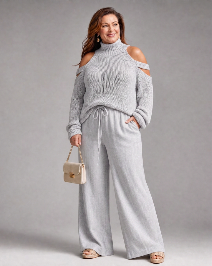 Verity | Women's Cold-Shoulder Knit Sweater and Wide-Leg Trouser Set