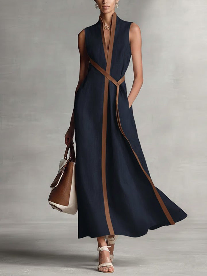 Georgina | Women’s Sleeveless Contrast-Trim Belted Maxi Dress