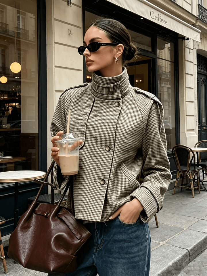 Beatrice | Women’s Cropped Houndstooth Stand-Collar Jacket