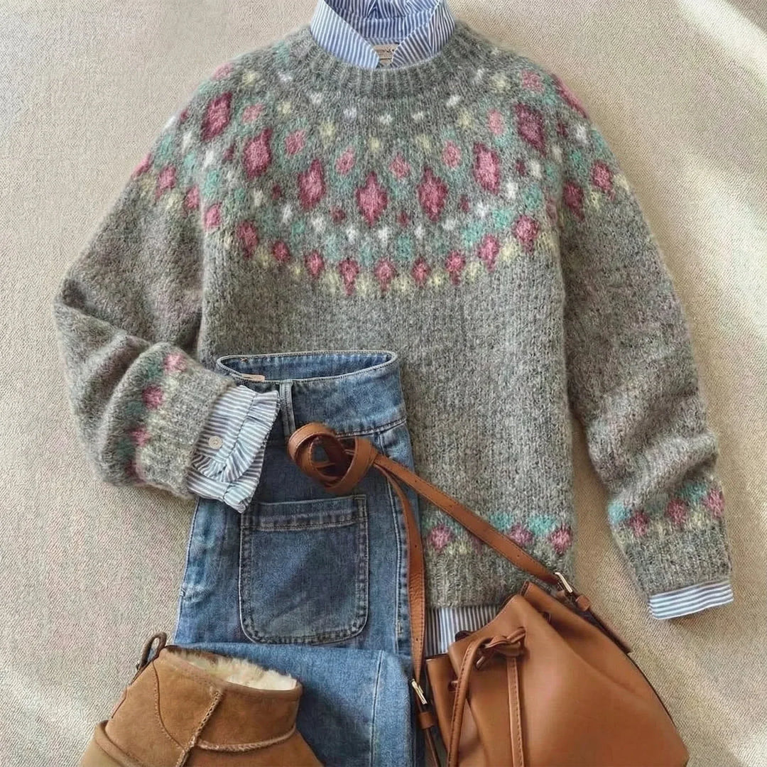 Arabella | Women's Soft Grey Fair Isle Knit Jumper