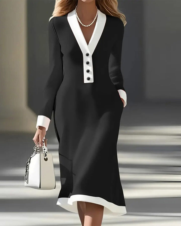 Kaylin | V-Neck Button Detail Midi Dress