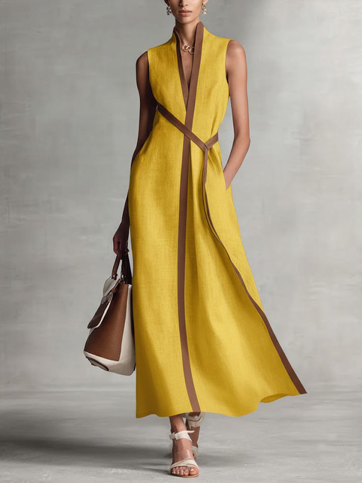 Georgina | Women’s Sleeveless Contrast-Trim Belted Maxi Dress