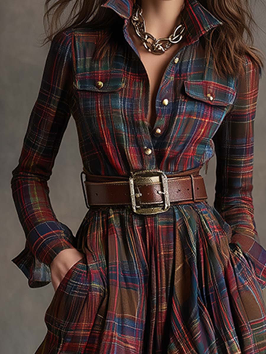 Marianne | Women’s Belted Plaid Shirt Maxi Dress