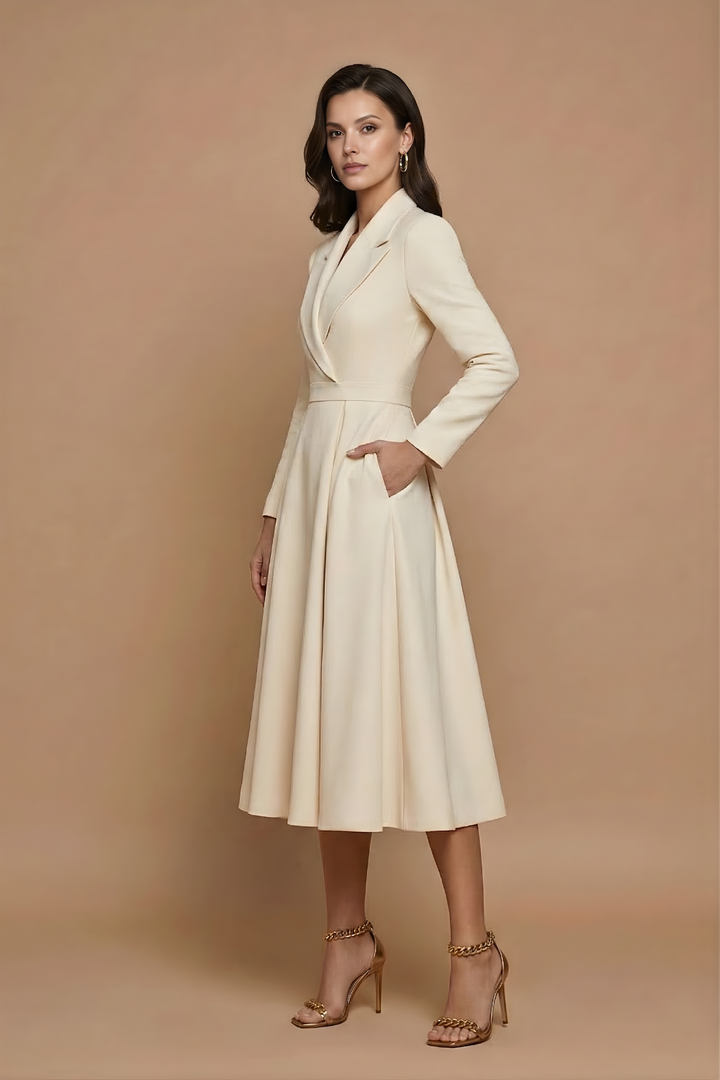 Elara | Women’s A-Line Midi Dress with Notched Lapel