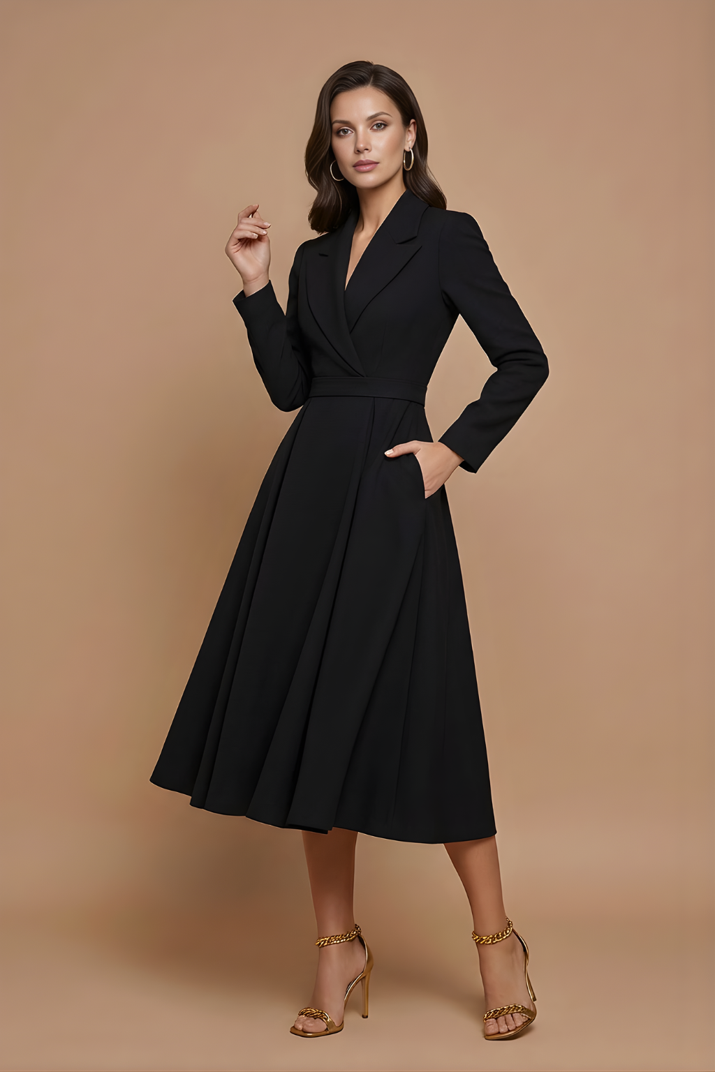 Elara | Women’s A-Line Midi Dress with Notched Lapel