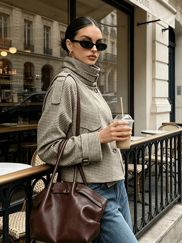 Beatrice | Women’s Cropped Houndstooth Stand-Collar Jacket