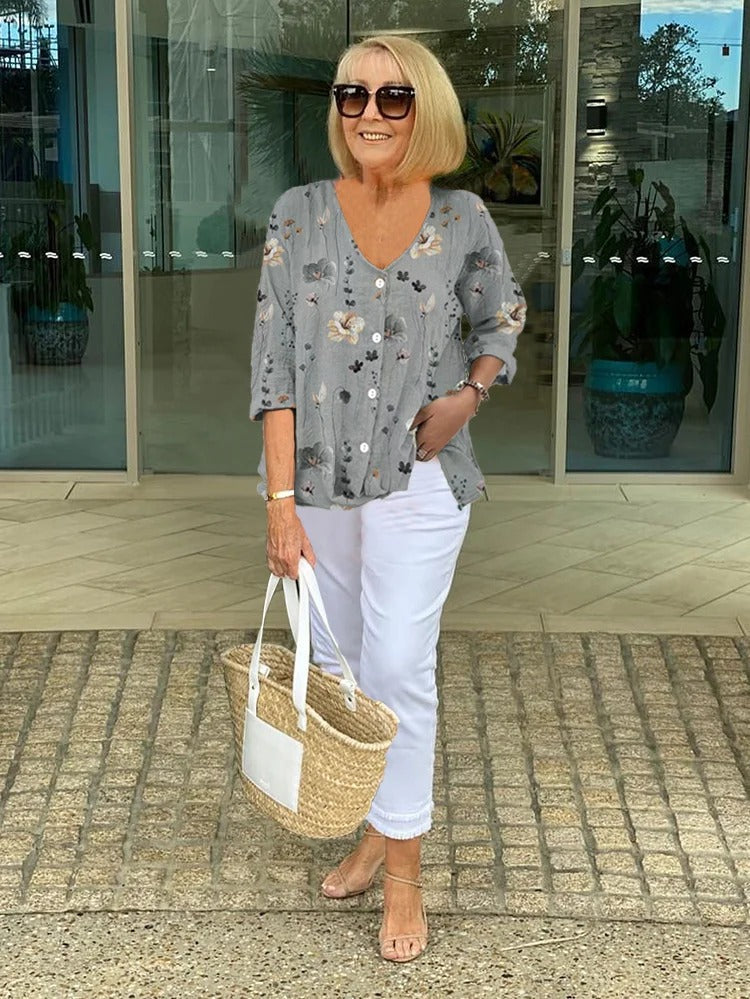Lucinda | Women’s Floral Button-Up Drape Blouse