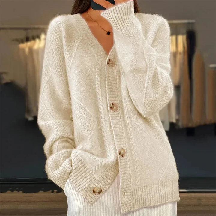 Elara | Button Front V-Neck Diamond Knit Cardigan