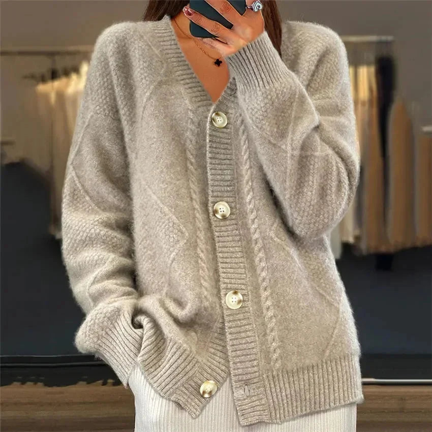 Elara | Button Front V-Neck Diamond Knit Cardigan