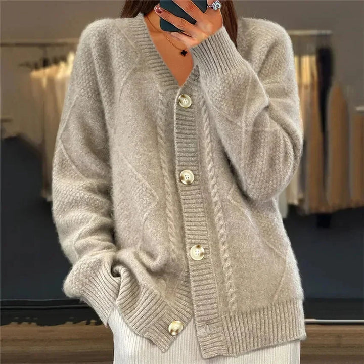 Elara | Button Front V-Neck Diamond Knit Cardigan