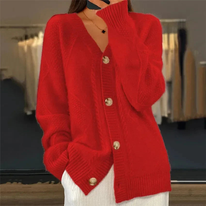 Elara | Button Front V-Neck Diamond Knit Cardigan