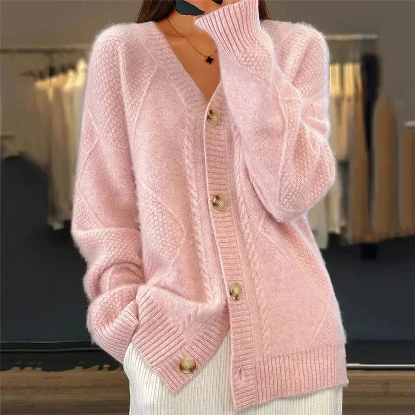 Elara | Button Front V-Neck Diamond Knit Cardigan
