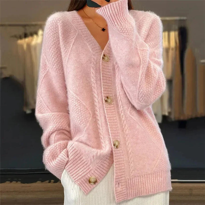 Elara | Button Front V-Neck Diamond Knit Cardigan