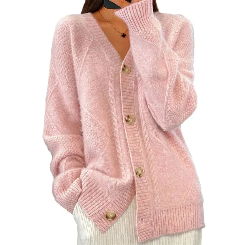 Elara | Button Front V-Neck Diamond Knit Cardigan
