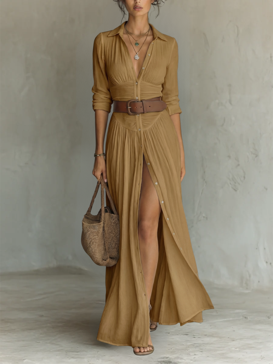 Eleanor | Women’s Pleated Maxi Shirt Dress with Notched Collar