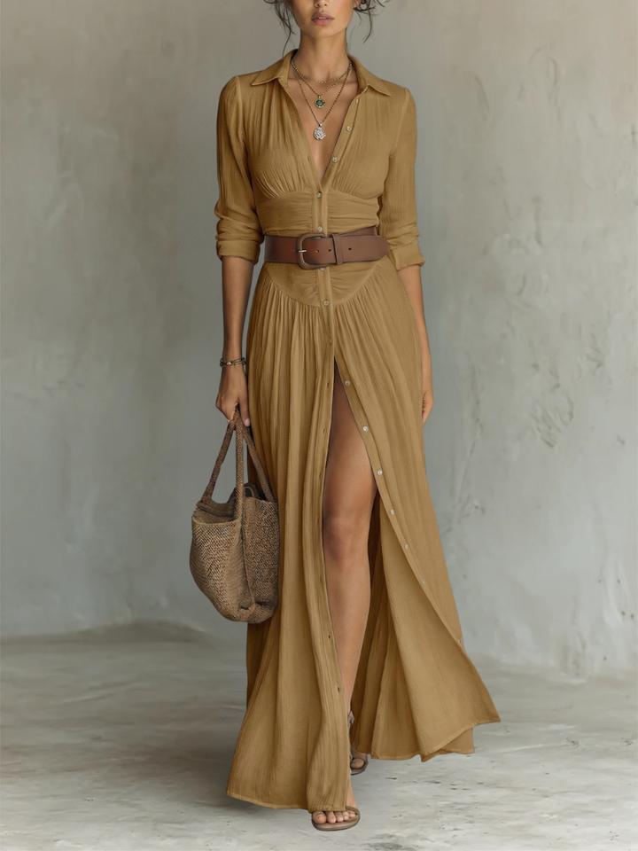 Eleanor | Women’s Pleated Maxi Shirt Dress with Notched Collar