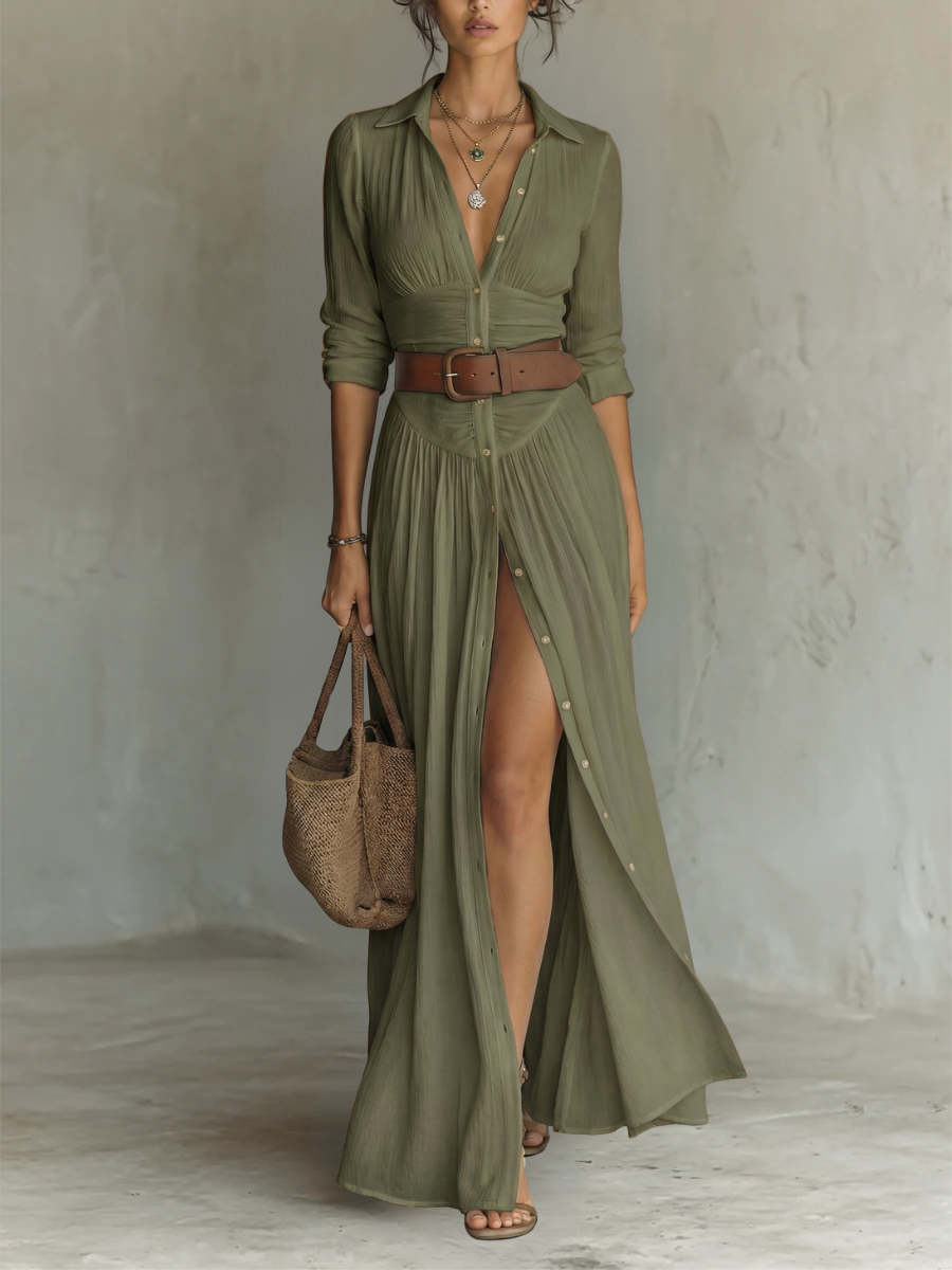 Eleanor | Women’s Pleated Maxi Shirt Dress with Notched Collar
