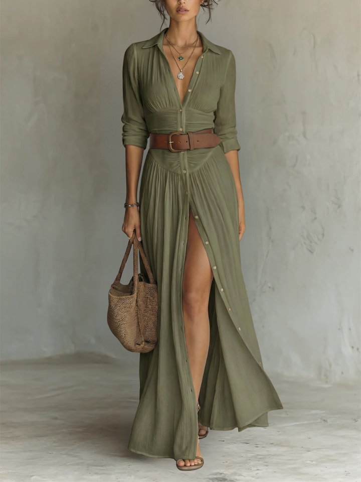 Eleanor | Women’s Pleated Maxi Shirt Dress with Notched Collar