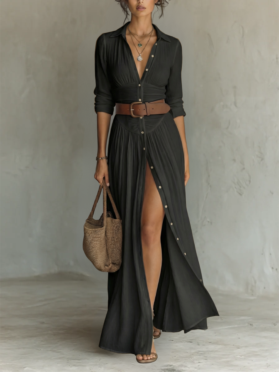 Eleanor | Women’s Pleated Maxi Shirt Dress with Notched Collar