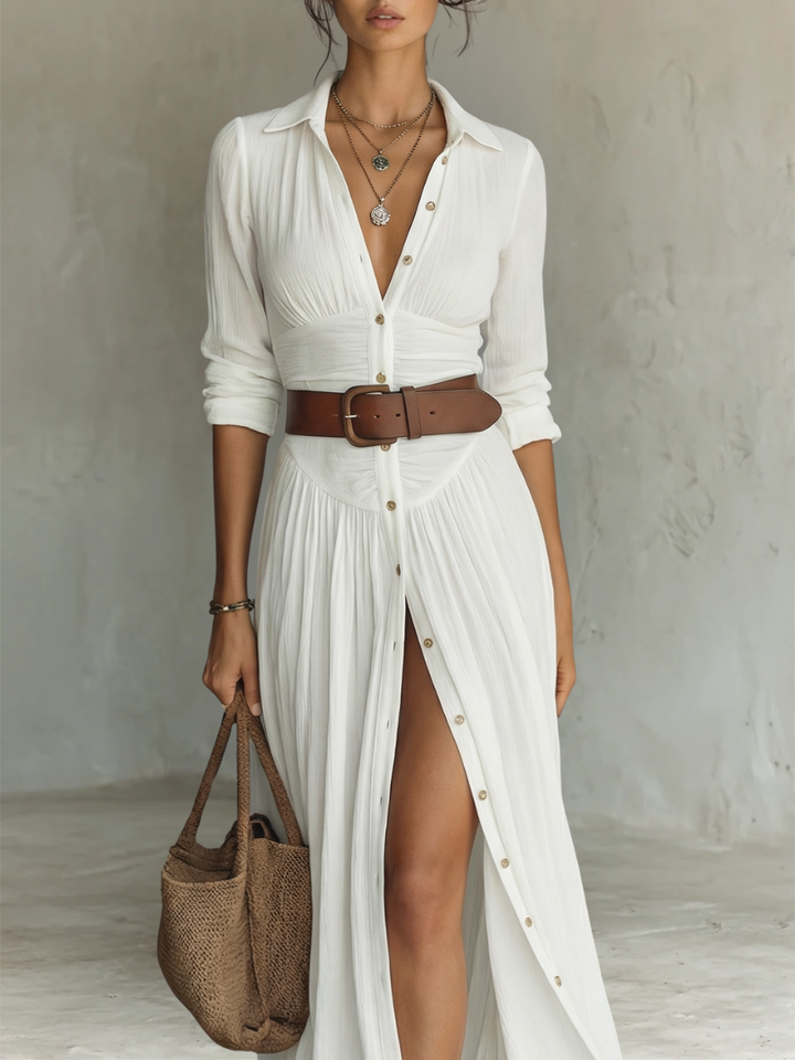 Eleanor | Women’s Pleated Maxi Shirt Dress with Notched Collar