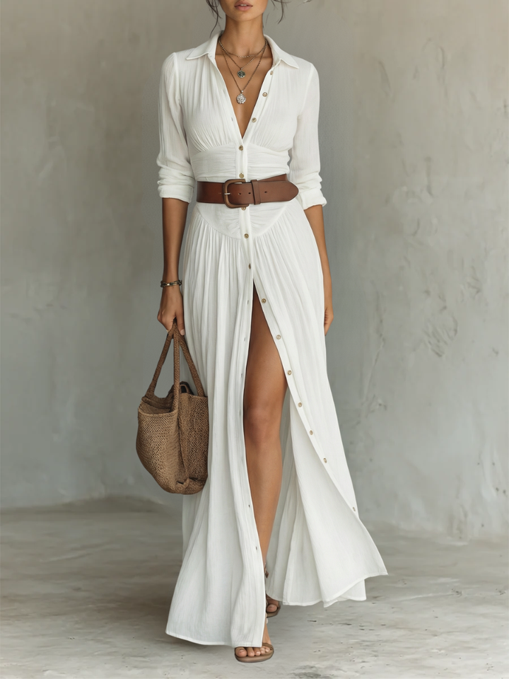 Eleanor | Women’s Pleated Maxi Shirt Dress with Notched Collar