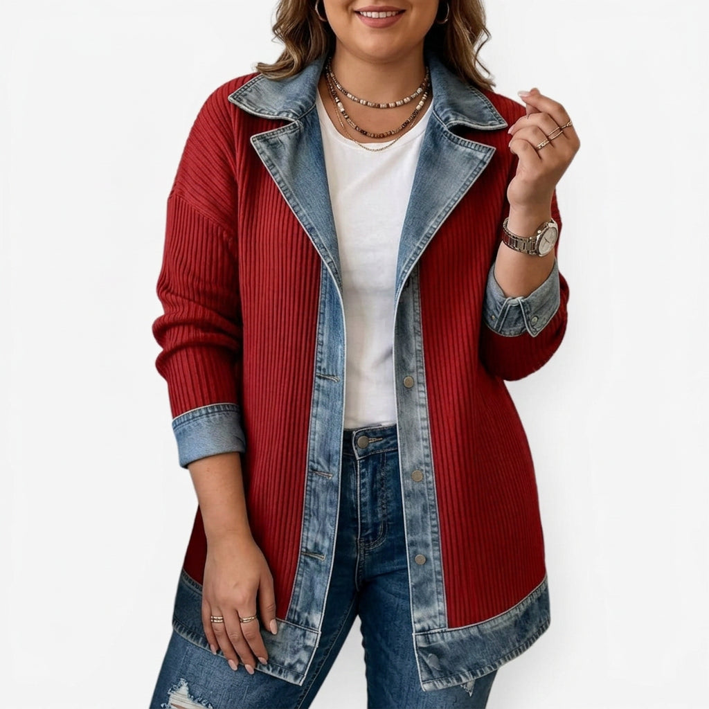 Rowena | Women's Ribbed Knit Jacket with Denim Trim