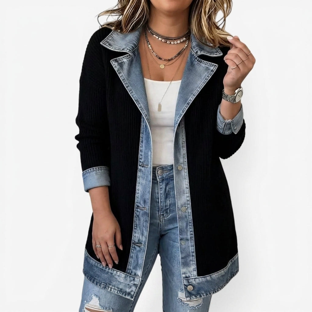 Rowena | Women's Ribbed Knit Jacket with Denim Trim