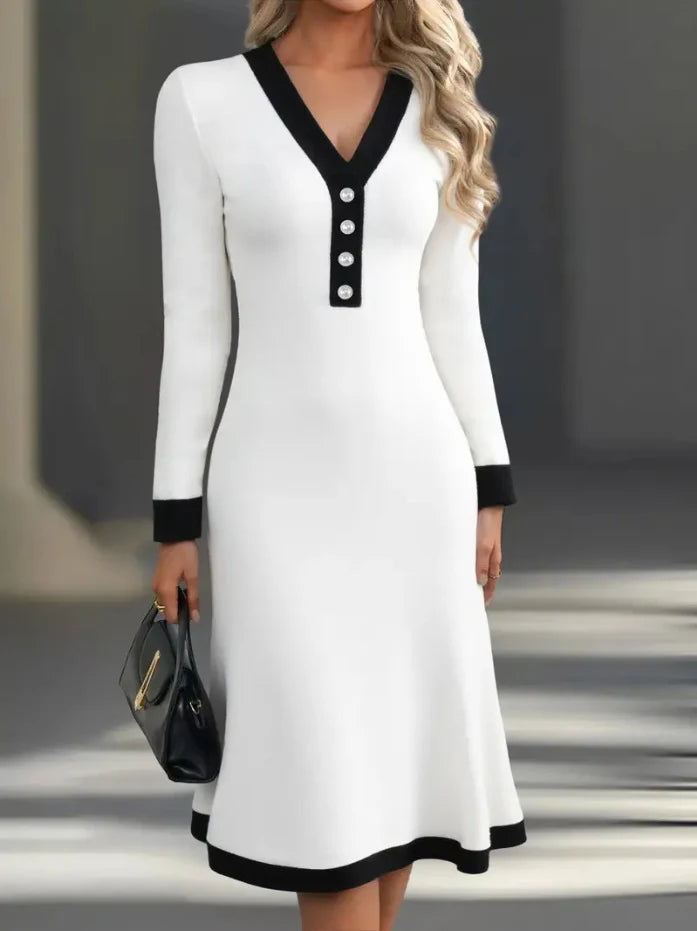 Kaylin | V-Neck Button Detail Midi Dress