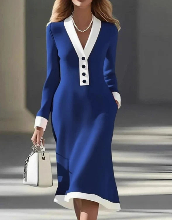 Kaylin | V-Neck Button Detail Midi Dress