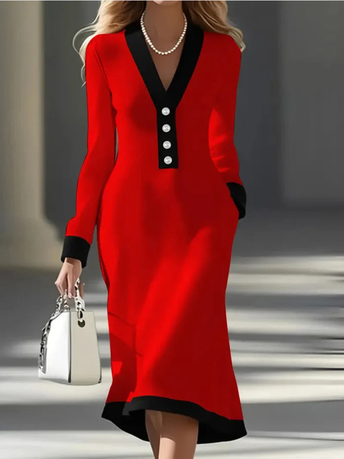 Kaylin | V-Neck Button Detail Midi Dress