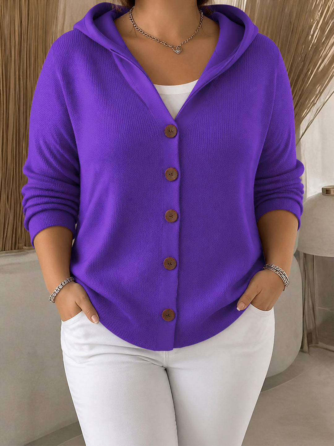 Hyacinth | Women's Hooded A-Line Button Cardigan with Ribbed Trim